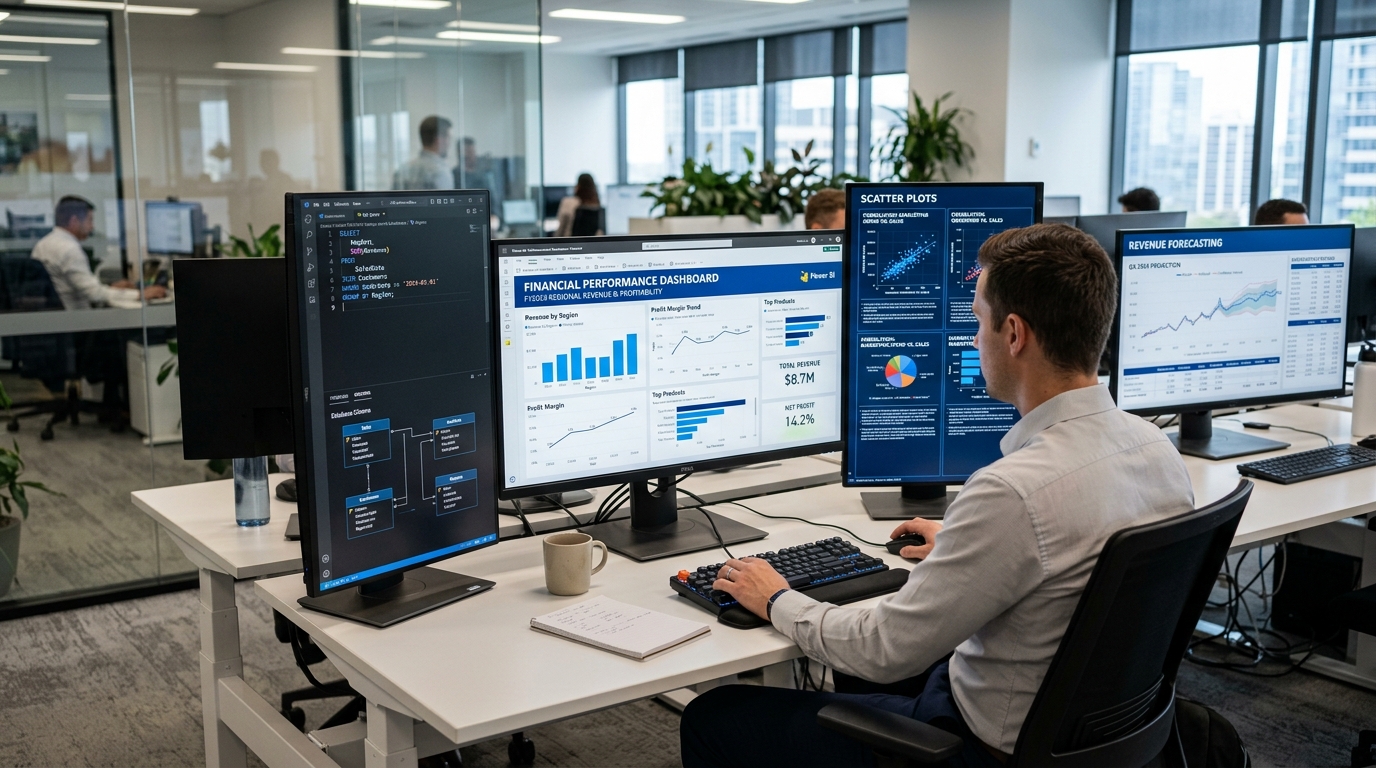 Executive data analytics dashboard with automated revenue and churn metrics